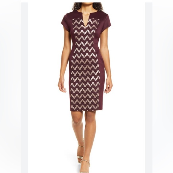 connected apparel Dresses & Skirts - Connected Apparel women’s plus size metallic lace sheath burgundy dress 20W